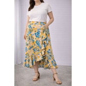 NWT‎ LOFT Floral Midi Wrap Skirt Ruffle Hem Yellow Blue Pink Boho Size XXS